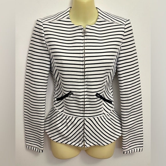 Zara White and Black Striped Full Zip Front Peplum Jacket size XS - Picture 1 of 12